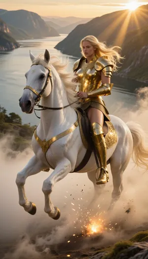 8k hyper-realistic cinematic masterpiece. A medium-wide shot of a divine blonde Valkyrie in shimmering golden armor, riding a powerful white stallion that is galloping with explosive energy directly on top of a thick layer of morning fog. The horse's posture is dynamic and fierce, neck arched, muscles rippling under its glowing white coat, and hooves captured mid-stride in a powerful gallop, kicking up swirling clouds of mist as if it were solid ground. Beneath its golden shoes, the fog ignites with sparks of divine light at every impact. The scene is set above a deep Scandinavian fjord at sunrise, the golden light of the sun hits the horse's flank and the Valkyrie's armor, creating brilliant specular highlights. Her long blonde hair and the horse's thick mane flow backward, emphasizing the incredible speed. Volumetric lighting, 'God rays' piercing through the golden mist, high-definition textures of sweat, fur, and polished gold. 35mm lens, f/2.8, motion blur on the background to enhance the sense of galloping velocity. Epic mythological scale, majestic and breathtaking.