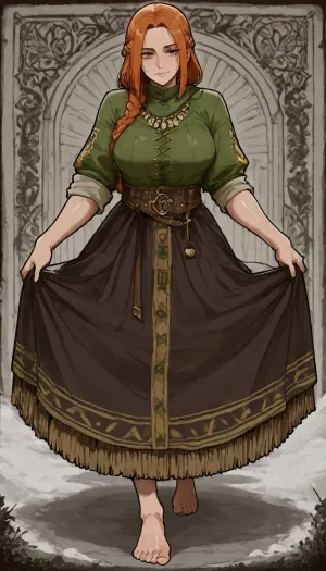 Markgavatino art style, Viking milf, freckled skin, athletic body, massive huge ginger braid, detailed beautiful face, Woolly rustic warm medieval dark grey long skirt with white fur fringe, medieval rustic button-up shirt, rolled up sleeves, high collar, traditional viking ornaments embroidered with red string, wide expensive embroidered belt, bare ankles, bare hands, barefoot, Wild green grassy spring plains with piles of snow background, northern landscape