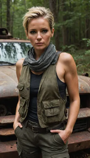 score_9, score_8_up, score_7_up, small breasts, freckles, updo hair, short hair, blonde hair, Inka_M, solo, (mature female:1.3), dynamic angle, serious, makeup, surprise expression, attractive woman, rebel warrior, wearing a torn olive green tactical vest over a black mesh top, dark cargo pants with straps and pockets, fingerless leather gloves, bandana around the neck, charcoal smudge on cheeks, standing in a forest clearing, abandoned rusty vehicle in background, high contrast, cinematic lighting, realistic fabric folds and dirt textures, masterpiece, vibrant colors, <lora:xl_more_art-full_v1:.8>