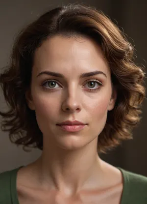Ultra-realistic portrait of a mature European woman, 35yo, with a highly recognizable intellectual face, long vertical proportions, and expressive psychologically intense eyes. Face narrow and elongated, not wide or glamorous, with a slightly tired but deeply attentive appearance. High broad forehead, soft narrow jawline, relatively flat cheeks, understated cheekbones, small rounded chin. Overall facial structure feels vertical, compressed inward, thoughtful, realistic, academic rather than fashionable. Skin fair with neutral-warm undertones, natural texture, visible pores, faint under-eye creases, realistic nasolabial folds, authentic mature facial anatomy, no cosmetic perfection. Eyes are the defining feature, medium-sized hazel eyes with muted brown-green tones, slightly rounded center shape, heavy upper eyelids, low-set brows, focused observant gaze with emotional restraint. Eyes look analytical, introspective, psychologically perceptive, slightly melancholic. Outer eye corners only minimally lifted. Eyebrows medium-thick, natural, softly angular, positioned close to the eyes, enhancing the concentrated expression. Nose long, narrow, and straight with thin upper bridge and softly rounded tip. Nose length slightly dominant in facial proportions, creating strong central facial structure. Lips highly characteristic, noticeably thin upper lip and fuller lower lip, narrow mouth width, subtle downturned corners, restrained expression without smiling. Strong relationship between long nose, thin upper lip, and compact chin is essential to likeness. Hair is thick, naturally curly or heavily wavy, chestnut brown with soft auburn-copper undertones. Voluminous curls frame the face densely around temples and sides, creating a rounded silhouette around the head and emphasizing the eyes. Hair length between chin and shoulders, natural realistic styling, not salon-perfect. Expression calm, serious, observant, emotionally intelligent, slightly skeptical, with the presence of a university professor, psychologist, writer, documentary interviewer, or public intellectual. Photorealistic cinematic portrait, natural window light, 85mm lens look, shallow depth of field, realistic mature beauty, subtle asymmetry, highly detailed skin and facial structure, documentary photography aesthetic, no glamour makeup, no fashion-model proportions, no idealized symmetry, no exaggerated femininity.