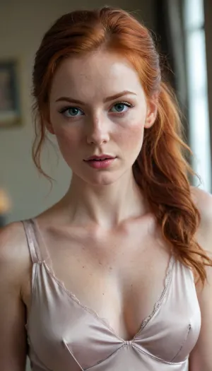 Gorgeous, cute tall redhead woman, loose fitting silk, shiny silk, delicate fabric, sleeveless, deep cleavage, stockings, perfect slim body, thin hourglass figure, skinny arms, looking at viewer, seductive pose, blurry background, realistic, realism, realistic skin, freckles, dimples, cute tall, redhead half ponytail, messy hair, 1woman