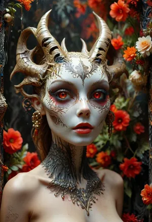 b/w, A stylized, elaborate artwork featuring a figure resembling a skeletal, mythical creature. The creature's face and body is partially obscured by flowing, decorative elements. Its features include a skull-like face with exaggerated, striking features, large, bright red eyes, and a slightly open mouth. The creature has large, stylized horns and wears a flowing, cloak-like garment. The creature appears to be holding or interacting with another being resembling an animal's head or face. The background is densely patterned with swirling, organic forms and abstract floral designs. The style is reminiscent of psychedelic art, with a vintage, textured feel. The lighting is diffused, coming from various directions and creating highlights and shadows within the design. The composition is complex, with the figure at the center and many intricate details filling the space. The overall atmosphere is mysterious and otherworldly, imbued with strong symbolism. There is a striking textured surface, reminiscent of a vintage poster or album cover., ((((Full body)))), (massive saggy tits, nude, detailed pussy, big clitoris and inner labia), <lora:COMFYUI_mimic_landscape_-_XL_SDXL v2.0:.7>, <lora:attractive_notrigger:.8>, <lora:PerfectEyesXL:.6>, <lora:MJ52:1>