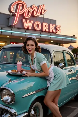 elegant 1950s pin-up waitress leaning over arched a polished vintage turquoise car outside a glowing retro American diner at sunset, captivating smile, expressive eyes, glamorous red lipstick, soft curled brunette hair styled in classic vintage waves, fitted pastel retro waitress uniform with white apron, elegant feminine silhouette, she delicately carries a silver tray with a pink milkshake and small diner snacks while looking toward the camera with playful confidence, subtle candid laughter, large cinematic neon diner sign glowing behind her, golden sunset light reflecting on chrome details and polished car paint, nostalgic Americana atmosphere, classic authentic pin-up aesthetic, cinematic retro photography, beautiful realistic face, natural skin texture, soft golden-hour lighting, clean sophisticated composition, vibrant retro color palette, subtle film grain, timeless Hollywood glamour, masterpiece

dynamic glamour pose, long legs, cheerful flirty energy, she is arched, The neon sign figures the text, Porn WORKS
