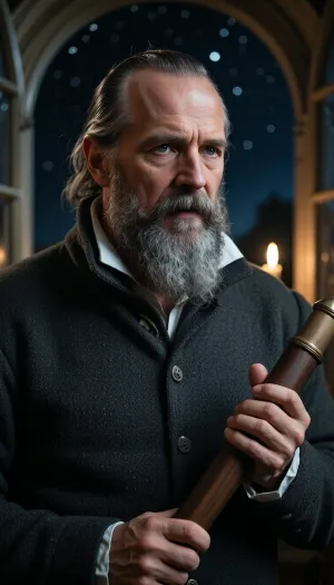 A cinematic and evocative 4K portrait of an intense, observant man in his late 60s from the early 17th century, standing near an open arched window at night. He features a distinctive high, wide, and prominent receding forehead, with his hair receding deeply at the temples. His face is remarkably wide and full, characterized by prominent, fleshy, and rounded cheeks that catch the light, completely free of any hollows or gaunt shadows. His facial structure is stocky and jovial, with a thick, soft double chin partly visible beneath his dense, compact gray-and-white beard. His sharp, analytical dark eyes look intently upward toward a starry night sky. A well-defined gray-and-white mustache covers his upper lip, merging into a thick, squared beard that frames his heavy, rounded jawline. He wears a simple, heavy dark woolen doublet with a modest white collar. In his hands, he holds a long, slender, primitive telescope made of a dark wood cylinder. A faint, warm candlelight from inside the room illuminates his wide face, highlighting the smooth, full volume of his rounded cheeks and his high forehead. Photorealistic, dramatic chiaroscuro lighting, oil painting texture.