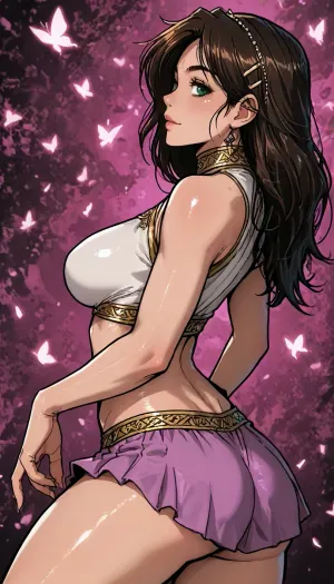 ((Melkor mancin meet markgavatino style)), ((symmetric perfect green eyes)), look at viewer, (purple background psychedelic abstract), (Arabic dark ethnicity:1), muscular small petite, short height, ((Arabic princess in an intricate outfit, high micro skirt)), (portrait pose arched back plump ass:1.4), ((large plump tits)), glowing purple flowers butterflies, (reiq style), Score_9, score_8_up, score_7_up, masterpiece, (1woman, 8k resolution, ultra-detailed), solo, ratatatat74, super thick long hair blowing in the wind, hair clips bangles, bright lipstick, bright eyes, <lora:LCMTurboMix_Euler_A_fix:1.1>, <lora:ratatatat74-000050:1.1>, <lora:SDXLSamDoesArts:1.1>, wet thighs, rose, butterflies, necklace choker, subtle small smile, enormous breasts