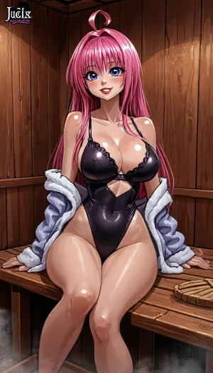 (innv meets jack cayless style:1.2), (hentai anime style:1.2), (reiq style:1.2), (masterpiece:1.2), masterpiece, cel-shaded, limited color palette, ((beautiful perfect sexy Lala Satalin Deviluke from To Love Ru body:1.6)), solo, alone, (big curves muscles body), (happy face, big perfect breast, muscles body, muscles arms, perfect muscles legs, muscles ass, pink hair long, feet. hard Naples, looks erotic), ((in a sexy bathrobe), (tightly sexy bra), (tightly Underwear sexy panty), (came toe)), (seductive pose), (inside, sauna, hotel), aalala, long, hair, green, eyes, breasts, bodysuit, leotard, puffy, showgirl, blue, pantyhose, ahoge, ornament, collared, plaid, <lora:LCMTurboMix_Euler_A_fix:1.6>, <lora:EnvyCuteXL01v12:1.6>, <lora:EnvyAnimeDigitalPaintingXL01:1.6>, <lora:EnvyCuteSliderXL01:1.6>, <lora:lala_satalin_deviluke_xl(animagine)_v1:2>