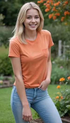n 18-year-old girl, medium-length blonde hair, orange t-shirt, light blue jeans, poses in the garden, laughing, provocative, horny
