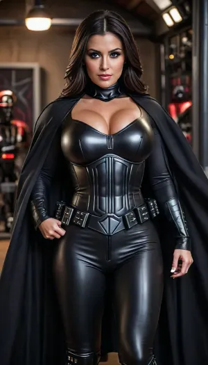 (masterpiece, best quality:1.2), photorealism, beautiful serbian woman, 30 years old, long black hair, (descent makeup), (busty:1.2), (tanned skin:1.2), sith, black leather outfit, black leather pants, black cape, evil smile, uberfit, muscular, athletic, realistic hands, (darth vader in background:1.2), <lora:SDXLHighDetail_v6-000005:2>, <lora:bboobs-000005:1>, <lora:uberfit_lora_sdxl:1.4>, <lora:bombshell_v2:1>