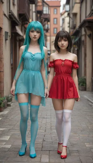 2 girl. First girl. , (Girl with blue eyes and long blue hair. She weared short blue dress like Aqua goddess from anime Konosuba. Aqua goddess hair. Middle ages town setup. Her skirt short and semitransparent. She stay on all fourth. Upskirt high. Naked pussy without panties. Blue transparent stockings. Small breasts visible under dress fabric.), Second girl. , (Girl with crimson eyes and short black hair. She weared short red dress like Megumin from anime Konosuba. Megumin hair. One leg weared black transparent stocking. Petite tight black pantie visible.), Girls giggling and high pulling up hems of each other., (Cinematic anime style:1.6), (full body front view:1.6), (high heels), (Aqua goddess and Megumin), (teasing)