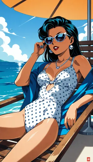 girl sunbathing on the deck of a yacht, sunglasses, relaxed pose, ocean horizon, vintage 1960s comic book style, Ben-Day dots, halftone print texture, flat inks, limited CMYK palette, thick black outlines, dot‑matrix shading, retro offset printing, slight colour misalignment, newsprint texture, bold graphic shapes, classic DC/Marvel aesthetic