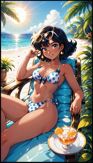 1girl, A yacht is sailing in tropical waters, a female is on a deckchair, sunbathing on the deck at the bow. She wears sunglasses and has a brightly coloured drink in her hand. Her body is firm and tanned, well proportioned, relaxed pose, stylised illustration, flat stylised lighting, smooth surfaces, minimal texture, 2D anime aesthetic, vintage comic book style, Ben-Day dots, halftone print texture, flat inks, limited CMYK palette, thick black outlines, dot‑matrix shading, retro offset printing, slight colour misalignment, newsprint texture