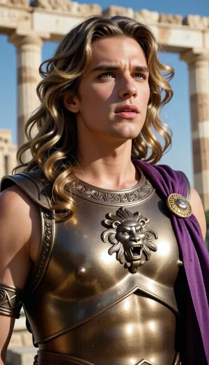A cinematic and majestic 4K portrait of a charismatic young ruler in his late 20s from classical antiquity. He has a distinctive, thick mane of golden-blonde hair styled in deep, wavy classical locks, at the exact center of his forehead, the hair naturally parts and curves gracefully outward and backward in two symmetrical, heavy waves before cascading down around his ears, mimicking the majestic volume of a lion's mane. His clean-shaven face is intensely handsome and youthful, characterized by a dynamic, upward tilt of his head as if looking toward the heavens. His eyes are striking and unique due to heterochromia, with one eye being dark brown and the other a piercing sea-blue, reflecting a restless, burning ambition. He wears a highly detailed, polished bronze muscle cuirass molded to the anatomy of a torso, featuring an intricate engraving of a fierce Gorgon's head, (Medusa), on the center of the chest plate. A vibrant purple cloak is fastened to his shoulder with a golden clasp. The background shows a dramatic, sun-drenched Mediterranean sky with distant limestone columns. Sharp sunlight strikes the bronze armor and highlights the vivid texture of his classical wavy hair. Photorealistic, epic historical style.