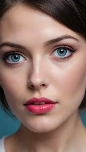 ziprealism, (closeup face portrait, sharp focus, focus on eyes, perfect eyes), (adorable woman, romantic esthetic, loving eyes, shy expression, bashful pose, uncertain eye contact:1.6), (vibrant blue eyes, extreme eye detail, glistening eyes, catchlights:1.4), (glossy black hair, thick hair, center-parted hair, stray hair, cascading hair framing face:1.2), (chiseled cheekbones, delicate face, sensual lips, defined jawline, bold eyeliner, dimples, soft bashful smile, flawless porcelain skin:1.4), shallow depth of field, bokeh background, RAW photo quality, (rule of thirds composition, negative space, symmetry, symmetrical, short focal length:1.2), slightly leaning forward, chin slightly lowered, symmetry, style by anton semenov, high fashion, luxurious, extravagant, stylish, opulent, elegance, (low-light, low-key, dramatic lighting, contrasting shadows:1.4), <lora:zavy-cntrst-sdxl:1.5>