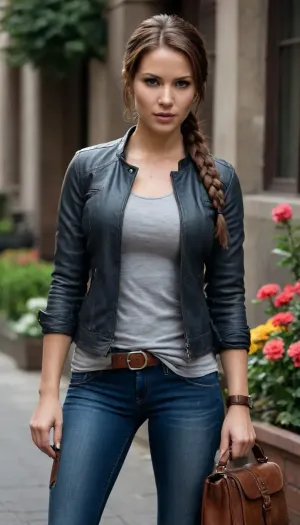 Lara Croft, in dark blue jeans, a dark gray T-shirt, and an unbuttoned leather jacket on top, beautiful lipstick, hair in a braid and chestnut-colored hair flowers, brown eyes, in sneakers, and a handbag on her hand. She is very cool and beautiful to make, and her face must be very beautiful, in a city somewhere in the USA
