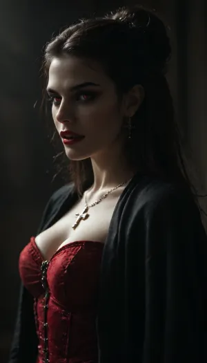 Regal female vampire countess, tall, (pale porcelain skin:1.4), (long black hair), (elegant fancy updo hairstyle), ruby-red eyes, crimson lips, (((very long vampiric fangs))), blood-red velvet gown with corset, black cloak, ruby jewelry, inverted silver cross, alluring yet dangerous, dark sapphic glamour, gothic, realistic, dramatic lighting., hkstyle, <lora:hkstyleV5:.8>, <lora:dark:.8>