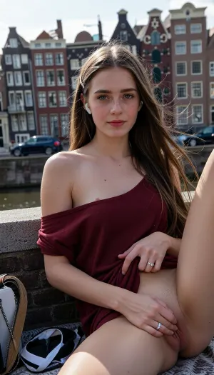Front side view of a 18yo french wife, high cheekbones, very pale skin, big clear blue eyes, slim body, freckles on her face, subtile skin imperfections, early morning time, morning warm sunlight, windy, she is sitting near a boardwalk by the harbor in a city canal, leaning against a low stony wall, (facing the water front), 5 storical old-Amsterdam buildings in the background, a few cars passing by in the background, a blanket covering her partly, secretly mastubating, secretly fingering herself, large labial major pussy, fantasizing about her lover, wearing white iPhone earplugs, a loose dark red top with big neck reveals the top of her small chest, very long slim clear brunette hair in a makeshift hold with a small plastic barrette hair clip, morning messy hair, wedding ring with a diamond, a bag beside her and a folded black thong, big nose, eye contact with viewer, full lips, slightly slim body, skirt