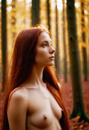 portrait of a nude young woman, long straight crimson hair, tiny breasts, dreamy atmospheric lighting, ethereal, serene, captivating composition, amber eyes, autumnal forest, (close-up1.1), (side-view), early evening, kodak ectachrome 100 film, depth of field f/0.8