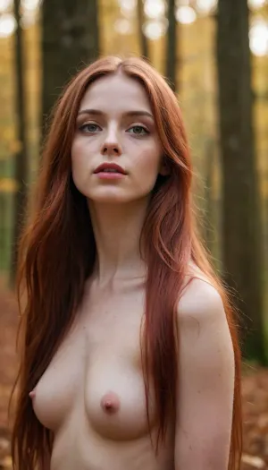 portrait of a nude young woman, long straight crimson hair, tiny breasts, dreamy atmospheric lighting, ethereal, serene, captivating composition, amber eyes, autumnal forest, (leaves falling:1.1), (close-up), (side-view)