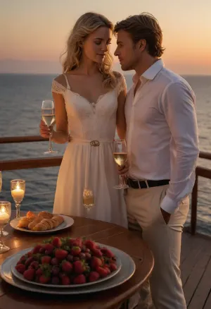 A photorealistic, cinematic image of a romantic cruise on a luxurious sailing yacht during the "golden hour" of sunset. A beautiful blonde with long, wavy hair in an elegant white summer dress sits on the wooden deck with a handsome man with short dark hair, dressed in a white button-down shirt and beige pants. They are close together, he has his arm around her waist, and they are holding glasses of white wine. In the foreground is a wooden table, a silver champagne bucket with a bottle, two lit candles in elegant silver candlesticks, a platter with strawberries, red grapes, cheese, and croissants, and a bouquet of white roses. In the background, a calm sea with golden reflections of the sunset, distant hills, and the sail of a yacht. A luxurious, warm, romantic atmosphere, highly detailed photorealism, sharp focus, and natural cinematic lighting