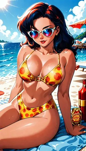 girl sunbathing on the deck of a yacht, sunglasses, relaxed pose, ocean horizon, vintage 1960s comic book style, Ben-Day dots, halftone print texture, flat inks, limited CMYK palette, thick black outlines, dot‑matrix shading, retro offset printing, slight colour misalignment, newsprint texture, bold graphic shapes, classic DC/Marvel aesthetic
