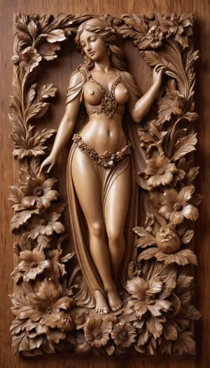 A detailed, sepia-toned wood carving depicting a coquettish women. Surrounding the women are large, stylized flowers with detailed petals and berries, all set against a wooden background with natural grain textures. The carving's design emphasizes realism and natural beauty, capturing the delicate elegance of the women amidst a floral arrangement.