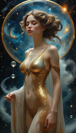 Art nouveau painting, woman as primordial glass deity, hair made of smoke, forging spiral galaxies in glass orbs, black hole anvil, comet-tail blowpipe, Milky Way flowing from her cloak, star-forge workshop floating in nebula, Klimt gold accents, <lora:MJ52:.8>