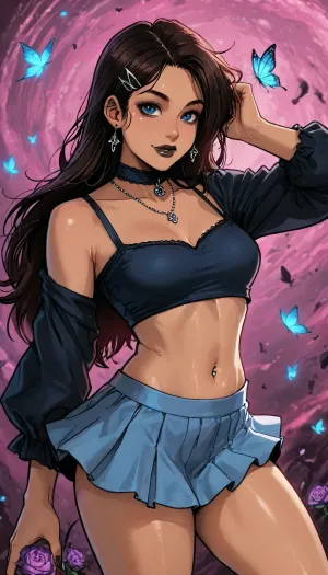 ((Melkor mancin meet markgavatino style)), ((symmetric perfect eyes)), look at viewer, (purple background psychedelic abstract), (Arabic dark skin:1.5), muscular small petite, short height, ((goth Arabic princess in an intricate bright blue outfit, high micro skirt)), (portrait pose plump ass), ((large plump tits)), glowing purple flowers butterflies, (reiq style), Score_9, score_8_up, score_7_up, masterpiece, (1woman, 8k resolution, ultra-detailed), solo, ratatatat74, super thick long hair blowing in the wind, hair clips bangles, bright lipstick, bright eyes, <lora:LCMTurboMix_Euler_A_fix:1.1>, <lora:ratatatat74-000050:1.1>, <lora:SDXLSamDoesArts:1.1>, wet thighs, rose, butterflies, necklace choker, subtle small smile, ((belly piercing)), black lipstick