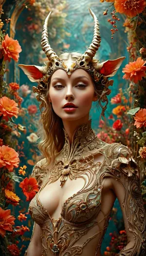 A stylized, elaborate artwork featuring a figure resembling a skeletal, mythical creature. The creature's face and body is partially obscured by flowing, decorative elements. Its features include a skull-like face with exaggerated, striking features, large, bright red eyes, and a slightly open mouth. The creature has large, stylized horns and wears a flowing, cloak-like garment. The creature appears to be holding or interacting with another being resembling an head or face. The background is densely patterned with swirling, organic forms and abstract floral designs. The style is reminiscent of psychedelic art, with a vintage, textured feel. The lighting is diffused, coming from various directions and creating highlights and shadows within the design. The composition is complex, with the figure at the center and many intricate details filling the space. The overall atmosphere is mysterious and otherworldly, imbued with strong symbolism. There is a striking textured surface, reminiscent of a vintage poster or album cover., ((((Full body visible)))), (massive saggy tits, nude, detailed pussy, big clitoris and inner labia, perfect long legs, perfect hands), <lora:COMFYUI_mimic_landscape_-_XL_SDXL v2.0:.7>, <lora:attractive_notrigger:.8>, <lora:PerfectEyesXL:.6>, <lora:MJ52:1>