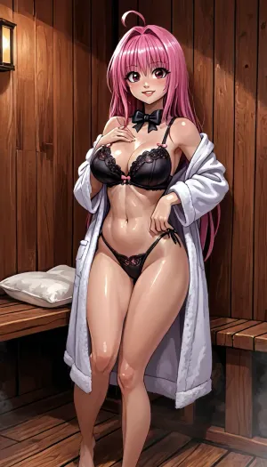 (innv meets jack cayless style:1.2), (hentai anime style:1.2), (reiq style:1.2), (masterpiece:1.2), masterpiece, cel-shaded, limited color palette, ((beautiful perfect sexy Lala Satalin Deviluke from To Love Ru body:1.6)), solo, alone, (big curves muscles body), (happy face, big perfect breast, muscles body, muscles arms, perfect muscles legs, muscles ass, pink hair long, feet. hard Naples, looks erotic), ((in a sexy bathrobe), (tightly sexy bra), (tightly Underwear sexy panty), (came toe)), (seductive pose), (inside, sauna, hotel), lala_a, pink, hair, long, ahoge, ornament, green, eyes, bowtie, <lora:LCMTurboMix_Euler_A_fix:1.6>, <lora:EnvyCuteXL01v12:1.6>, <lora:EnvyAnimeDigitalPaintingXL01:1.6>, <lora:EnvyCuteSliderXL01:1.6>, <lora:ララ・サタリン・デビルーク Lala Satalin Deviluke (To LOVE Ru)_XL:2>