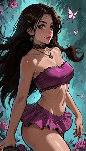((Melkor mancin meet markgavatino style)), ((symmetric perfect green eyes)), look at viewer, purple irisdescent, (background psychedelic abstract), (Arabic dark ethnicity:1), muscular small petite, short height, ((Filipina princess in an intricate outfit, high micro skirt)), (portrait pose arched body showing plump ass:1.4), ((huge plump cleavage breasts:1)), wet ass, glowing purple flowers butterflies, (reiq style), Score_9, score_8_up, score_7_up, masterpiece, (1woman, 8k resolution, ultra-detailed), solo, ratatatat74, super thick long hair blowing in the wind, hair clips bangles, bright lipstick, bright eyes, <lora:LCMTurboMix_Euler_A_fix:1.1>, <lora:ratatatat74-000050:1.1>, <lora:EnvyAnimeDigitalPaintingXL01:1.1>, <lora:SDXLSamDoesArts:1.1>, wet thighs, rose, butterflies, necklace choker, subtle small smile, soaking wet lace