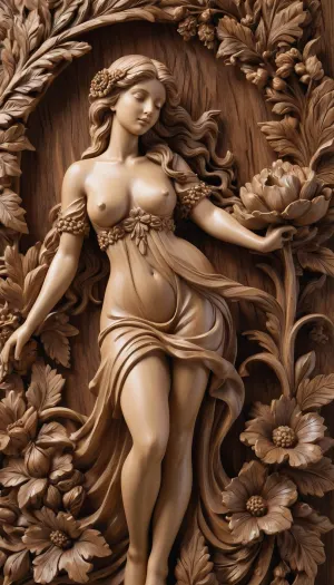A detailed, sepia-toned wood carving depicting a coquettish women. Surrounding the women are large, stylized flowers with detailed petals and berries, all set against a wooden background with natural grain textures. The carving's design emphasizes realism and natural beauty, capturing the delicate elegance of the women amidst a floral arrangement.