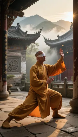 Professional photography, striking photorealism, ultra-detailed, an artistic and evocative cinematic aesthetic. A senior Shaolin monk with a shaved head is practicing Tai Chi Chuan in a secluded courtyard of an ancient, mist-shrouded Shaolin monastery. He is visibly blind, captured with his milk-white, opaque unseeing eyes open with a serene, sightless upward gaze, reflecting a profound internal awareness and heightened spiritual senses. He wears a traditional, long, flowing saffron-yellow and orange Buddhist robe made of high-quality fabric that gently blows in the breeze and catches the warm, golden light of the early morning sun. His movements are fluid, flexible, and perfectly controlled, embodying a deep sense of internal martial arts focus and spiritual concentration. The camera is equipped with an 85mm lens, capturing the sharp focus of the monk with a shallow depth of field that softly blurs the background. The background features the timeless architecture of the monastery with weathered stone-paved ground, ornate wooden columns, ancient Chinese calligraphic plaques, and distant mountain peaks piercing through rolling sea of clouds. The atmosphere is peaceful, majestic, and sacred, filled with a sense of ancient stillness and quiet contemplation. The lighting is warm and soft, with a dramatic golden hour glow casting long shadows across the courtyard and illuminating the airborne dust motes and gentle mountain mist. Shot on 35mm film, realistic textile texture, visible fabric weave, film grain, optimal quality, tranquil harmony.
