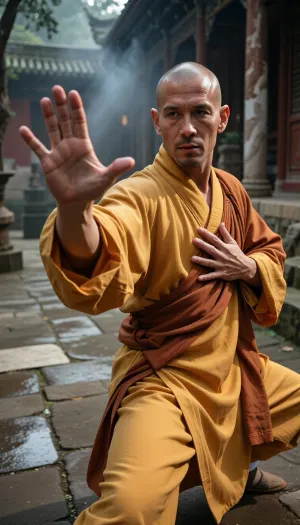 Professional photography, striking photorealism, ultra-detailed, an artistic and evocative cinematic aesthetic. A senior Shaolin monk with a shaved head is practicing Tai Chi Chuan in a secluded courtyard of an ancient, mist-shrouded Shaolin monastery. He wears a traditional, long, flowing saffron-yellow and orange Buddhist robe made of high-quality fabric that gently blows in the breeze. His martial arts posture is frozen in a precise Tai Chi stance, one hand is extended forward with an open, relaxed palm and perfectly formed fingers, while his other hand is held near his chest, palm facing downward, showing flawless skeletal hand anatomy and clear finger separation. His movements are fluid and perfectly controlled, embodying a deep sense of internal spatial awareness. The camera is equipped with an 85mm lens, capturing the sharp focus of the monk's hands and face with a shallow depth of field that softly blurs the background of weathered stone-paved ground and ancient columns. Warm, dramatic golden hour glow casting long shadows. Shot on 35mm film, realistic skin texture, film grain, optimal quality, tranquil harmony.