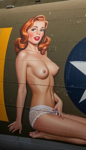 A vibrant and authentic vintage nose art painting stenciled onto the weathered olive-drab aluminum fuselage of a World War II B-17 bomber. The artwork depicts a stunning 20-year-old redhead pin-up girl with a youthful face and exquisite features, painted in a lush oil style with bold brushstrokes. She is posed kneeling in a side profile view, completely topless, with her bare breasts visible from the side. She wears only delicate retro lace lingerie bottoms. She has a playful, knowing expression with classic red lips and perfectly styled retro wavy hair. The painting is framed by metal rivets, panel lines, and weathered zinc-chromate scratches on the aircraft's metallic skin. Vibrant saturated colors, perfect vintage pin-up proportions, bold outlines suitable for military aircraft insignia, and high-contrast lighting that makes the artwork pop against the matte metallic background.