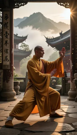 Professional photography, striking photorealism, ultra-detailed, an artistic and evocative cinematic aesthetic. A senior Shaolin monk with a shaved head and a serene, deeply focused expression is practicing Tai Chi Chuan in a secluded courtyard of an ancient, mist-shrouded Shaolin monastery atop a sacred mountain. He is wearing a traditional, long, flowing saffron-yellow and orange Buddhist robe, made of high-quality fabric that gently blows in the breeze and catches the warm, golden light of the early morning sun. His movements are fluid, flexible, and perfectly controlled, embodying a deep sense of internal martial arts focus and spiritual concentration. The camera is equipped with an 85mm lens, capturing the sharp focus of the monk with a shallow depth of field that softly blurs the background. The background features the timeless architecture of the monastery with weathered stone-paved ground, ornate wooden columns, ancient Chinese calligraphic plaques, and distant mountain peaks piercing through rolling sea of clouds. The atmosphere is peaceful, majestic, and sacred, filled with a sense of ancient stillness and quiet contemplation. The lighting is warm and soft, with a dramatic golden hour glow casting long shadows across the courtyard and illuminating the airborne dust motes and gentle mountain mist. Shot on 35mm film, realistic textile texture, visible fabric weave, film grain, optimal quality, tranquil harmony.