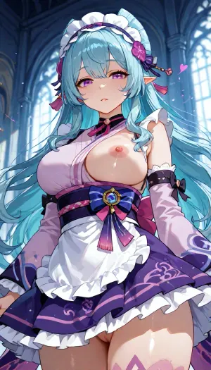(Glossy liner hentai style:1.8), Yumemizuki Mizuki from Genshin Impact, she is a petite and playful young woman with a soft dreamlike appearance inspired by yokai and traditional Japanese aesthetics. She wears a pastel pink, and purple kimono-inspired outfit with oversized flowing sleeves, ribbon ornaments, frilled details, and a short layered skirt with a whimsical fantasy design. Her eyes are large and pinkish-magenta with a gentle sleepy expression. Her hair is long, light aqua-blue fading into pale cyan, styled with soft curls and fluffy layered bangs, decorated with purple ribbons, ornamental hairpieces, and a frilled maid-like headband. She also has pointed elf-like ears and small glowing dream-themed accessories that give her a mystical, mischievous charm.she is standing, slim fit body, low angle, view from below. background fits the girl style, showing off her body, glowing with a confident, alluring look. elastic tits, one breast is naked, one breast out, visible pussy, vagina, pussy cutout, looking at viewer, genshin impact, detached sleeves, Yumemizuki, mizuki, 1, girl, purple, eyes, blue, hair, long, heart, ornament, bow, kimono, white, brim, <lora:Yumemizuki mizuki:.8>, <lora:add-detail-xl:1.2>, <lora:attractive_notrigger:1.2>, <lora:detailed_notrigger:1.2>, <lora:LCMTurboMix_Euler_A_fix:1.2>