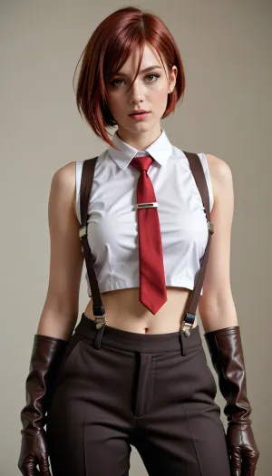 Here is a detailed description of this character's outfit and hair based on the image, ### Hair

* **Style, ** She sports a sleek, modern bob cut that reaches just around her jawline. The hair features a deep side part on her left, causing a long section of her bangs to sweep across her forehead and frame the right side of her face.
* **Color, ** A vibrant, fiery red with rich crimson tones and bright highlights that emphasize its smooth texture.

---

### Outfit

The character wears a sharp, sophisticated ensemble that blends professional formalwear with a sporty, functional edge.

* **Top, ** * A crisp, form-fitting **white sleeveless button-down shirt** with a sharp pointed collar.
* The shirt is styled half-untucked or cropped in a loose "V" shape at the bottom, exposing a small portion of her midriff.


* **Neckwear, ** * A slim, vibrant **red necktie** is tucked neatly beneath the collar.
* It is secured in place with a sleek, metallic **silver tie clip**.


* **Pants & Suspenders, ** * She wears tight, high-waisted **dark brown or charcoal trousers**.
* A pair of matching fabric **suspenders** attach to the waistband of her pants with metallic silver clips, draping loosely over her hips rather than being worn over her shoulders.


* **Gloves, ** * She is wearing short, fitted **dark brown leather gloves** on both hands, perfectly matching her trousers.