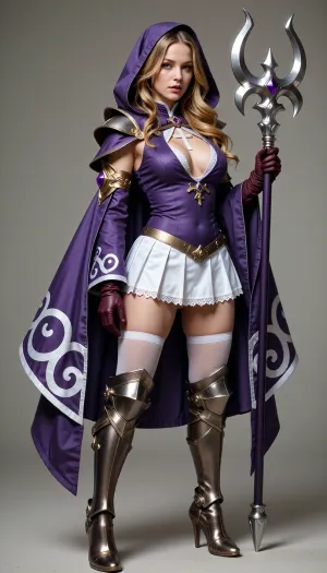The character wears a stylized, fantasy-inspired habit that combines traditional religious motifs with a battle-ready aesthetic.

* **Top and Hood, ** She wears a deep purple, form-fitting tunic with a low-cut, plunging neckline that reveals a white undergarment with a cross pattern. Attached to the outfit is a large, flowing purple hood and cape-like sleeves that drape dramatically. The sleeves are adorned with white swirling patterns, gold armbands, and a purple gemstone ornament on her right arm.
* **Gloves, ** She wears dark red or maroon gloves on both hands.
* **Bottoms, ** She is wearing a short, white pleated skirt with white lace detailing at the hem, held up by visible garter straps.
* **Legwear and Armor, ** Underneath the skirt, she wears white thigh-high stockings. Her legs are protected by metallic, bronze-colored armor boots that extend above the knee with prominent knee guards and high heels.
* **Weapon/Accessory, ** She is holding a large, silver-colored metallic staff featuring a stylized double-headed crescent cross at the top.

---

### **Hair**

* **Color, ** She has honey-blonde or light golden-brown hair with vibrant highlights.
* **Style and Cut, ** Her hair is long, voluminous, and styled with soft, flowing waves. It features a side-swept fringe, (bangs), that frames her face, with several layered strands resting over her shoulders.