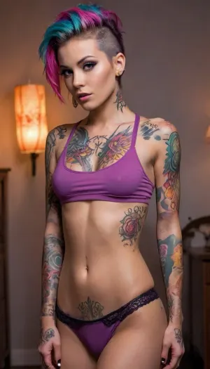 Color tattoo, gorgeous girl, fit abs, dyed fauxhawk, lollipop, full, body, tattoo, <lora:FBT-000002:.8>, <lora:Sweaty_Realism_4-000006:.8>