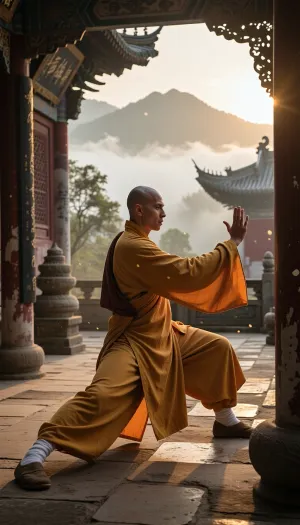 Professional photography, striking photorealism, ultra-detailed, an artistic and evocative cinematic aesthetic. A senior Shaolin monk with a shaved head and a serene, deeply focused expression is practicing Tai Chi Chuan in a secluded courtyard of an ancient, mist-shrouded Shaolin monastery atop a sacred mountain. He is wearing a traditional, long, flowing saffron-yellow and orange Buddhist robe, made of high-quality fabric that gently blows in the breeze and catches the warm, golden light of the early morning sun. His movements are fluid, flexible, and perfectly controlled, embodying a deep sense of internal martial arts focus and spiritual concentration. The camera is equipped with an 85mm lens, capturing the sharp focus of the monk with a shallow depth of field that softly blurs the background. The background features the timeless architecture of the monastery with weathered stone-paved ground, ornate wooden columns, ancient Chinese calligraphic plaques, and distant mountain peaks piercing through rolling sea of clouds. The atmosphere is peaceful, majestic, and sacred, filled with a sense of ancient stillness and quiet contemplation. The lighting is warm and soft, with a dramatic golden hour glow casting long shadows across the courtyard and illuminating the airborne dust motes and gentle mountain mist. Shot on 35mm film, realistic textile texture, visible fabric weave, film grain, optimal quality, tranquil harmony.