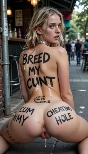 (1_girl), Full body portrait, degrading public body-writing humiliation scene in Alley behind bar, photorealistic, a 21-year-old youthful college-aged bohemian canvascunt, 5'0" petite with BLONDE hair, wavy hair, pale freckled skin, bright emerald eyes, perfect flat high perky 32a tits, wearing a silver choker, no bra or panties, CUM DRIPPING FROM GAPED PUSSY, cum dripping from asshole, (anal gape:1.2), kneeling, legs spread wide, ass in the air, submissively, asshole visible, body covered in fresh black permanent marker degrading messages, "BREED MY CUNT" written in large letters across her back, "CUM IN MY" on left ass cheek, "CHEATING HOLE" on her other ass cheek, humiliated expression with flushed cheeks, biting her lip, emerald eyes looking back at viewer, realistic skin textures with visible marker ink slightly smudged from sweat, goosebumps on pale freckled flesh, shot on Canon EOS 5D Mark IV, 85mm lens, shallow depth of field f/1.8, sharp focus on her body and the degrading words, creamy bokeh background of crowded park, photorealistic pores and freckles, cinematic intimate full-body portrait from rear, birds eye view of asshole