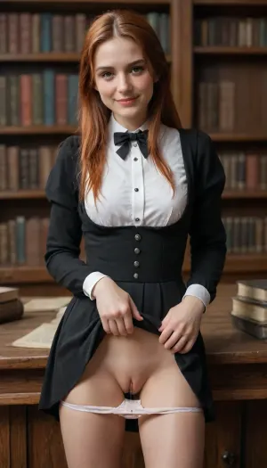 Sexy 25 year old, on corner of desk, (young, cute, tiny, pretty, petite), (((large brown eyes))), (((long redhead hair))), wednesday Addams oufit, she lifts her skirt, her smooth hairless extremely swollen large oversized stretched out puffy cameltoe pussy exposed, ((realistic puffy vagina)), ((ejaculating from her wet pussy)), ((shy, smiling), (blushing:1.5)), in medieval library with books stacked on tables, ((upskirt view)), film photography, vintage, realistic, sharp focus, (very detailed), ((4K HQ)), High contrast, panties pull