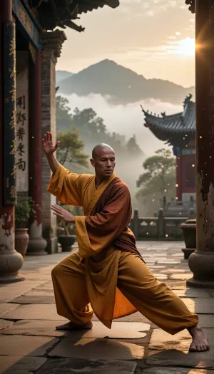 Professional photography, striking photorealism, ultra-detailed, an artistic and evocative cinematic aesthetic. A senior Shaolin monk with a shaved head and a serene, deeply focused expression is practicing Tai Chi Chuan in a secluded courtyard of an ancient, mist-shrouded Shaolin monastery atop a sacred mountain. He is wearing a traditional, long, flowing saffron-yellow and orange Buddhist robe, made of high-quality fabric that gently blows in the breeze and catches the warm, golden light of the early morning sun. His movements are fluid, flexible, and perfectly controlled, embodying a deep sense of internal martial arts focus and spiritual concentration. The camera is equipped with an 85mm lens, capturing the sharp focus of the monk with a shallow depth of field that softly blurs the background. The background features the timeless architecture of the monastery with weathered stone-paved ground, ornate wooden columns, ancient Chinese calligraphic plaques, and distant mountain peaks piercing through rolling sea of clouds. The atmosphere is peaceful, majestic, and sacred, filled with a sense of ancient stillness and quiet contemplation. The lighting is warm and soft, with a dramatic golden hour glow casting long shadows across the courtyard and illuminating the airborne dust motes and gentle mountain mist. Shot on 35mm film, realistic textile texture, visible fabric weave, film grain, optimal quality, tranquil harmony.
