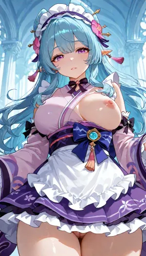 (Glossy liner hentai style:1.8), Yumemizuki Mizuki from Genshin Impact, she is a petite and playful young woman with a soft dreamlike appearance inspired by yokai and traditional Japanese aesthetics. She wears a pastel pink, and purple kimono-inspired outfit with oversized flowing sleeves, ribbon ornaments, frilled details, and a short layered skirt with a whimsical fantasy design. Her eyes are large and pinkish-magenta with a gentle sleepy expression. Her hair is long, light aqua-blue fading into pale cyan, styled with soft curls and fluffy layered bangs, decorated with purple ribbons, ornamental hairpieces, and a frilled maid-like headband. She also has pointed elf-like ears and small glowing dream-themed accessories that give her a mystical, mischievous charm.she is standing, slim fit body, low angle, view from below. background fits the girl style, showing off her body, glowing with a confident, alluring look. elastic tits, one breast is naked, one breast out, visible pussy, vagina, pussy cutout, looking at viewer, genshin impact, detached sleeves, Yumemizuki, mizuki, 1, girl, purple, eyes, blue, hair, long, heart, ornament, bow, kimono, white, brim, <lora:Yumemizuki mizuki:.8>, <lora:add-detail-xl:1.2>, <lora:attractive_notrigger:1.2>, <lora:detailed_notrigger:1.2>, <lora:LCMTurboMix_Euler_A_fix:1.2>