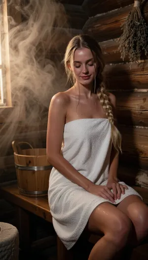 Professional photography, striking photorealism, ultra-detailed, an artistic and evocative cinematic aesthetic. A beautiful young Russian woman with high cheekbones and damp, long blonde hair styled in a thick, loose traditional braid resting on her shoulder. She is completely covered by a large, plush, white terry cloth spa towel draped from her chest to her knees, seated peacefully on a wet wooden bench inside a traditional rustic Russian banya, (wooden bathhouse), . Her expression is one of deep, serene relaxation, with a soft, content smile and slightly closed eyes. Her posture is relaxed, with her hands resting gently on the towel. The background is atmospheric, with thick, warm steam swirls partially veiling the aged wooden walls, a rustic wooden bucket, and a bundle of dried herbs hanging above the bench. The scene is illuminated by a warm, dramatic amber light that catches the texture of the towel and the steam, creating deep shadows. Shot on 35mm film, realistic skin and towel texture, film grain, shallow depth of field, optimal quality.
