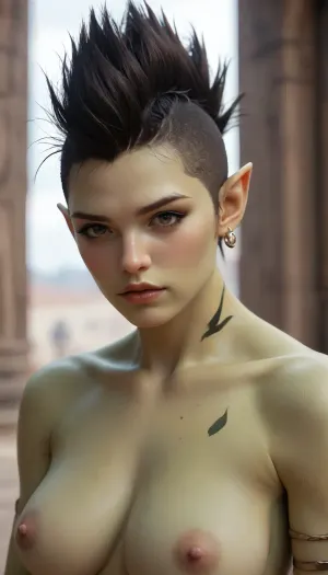 Close Up Portrait from zargala from Raid Shadow Legends, 30s, Green Skin, orc, large boobs, naked boobs, zargala Outfit, big orc axe, Mohawk Hair, black Hair, world of Warcraft drawing style, fantasy