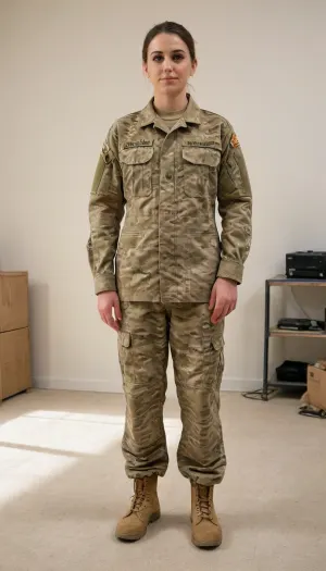 A VERY HIGH QUALITY, SUPER REALISTIC, UNREAL ENGINE, PHOTO-REALISM FULL BODY PICTURE, UHD 8K, ((Wide angle shot, 35mm lens)), Beverly Aadland, WEARING FULL USA 2026 ARMY SOLDIER'S DESERT SUIT, STANDING, HIS HANDS BESIDE HER BODY, 0 DEGREE ANGLE BODY SHOT, FULL SYMMETRY FRONTAL VIEW, ATTENTION POSE, FULL BODY PLEASE, LEGS ARE SHOWEN, FRONT POSE, EYE LEVEL, WHITE BACKGROUND, STUDIO COLD LIGHTING, FULL BODY LENGTH, WIDE PICTURE, portrait, <lora:real-humans-PublicPrompts:.8>, NEGATIVE_HANDS, <lora:Real_People-SDXL:.8>, <lora:boringRealism_primaryV4:.8>, ukruniform22, <lora:UkrLoraXL-000004:.8>