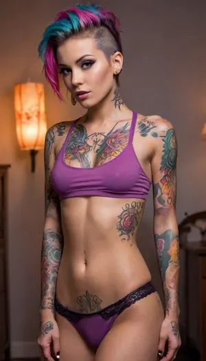 Color tattoo, gorgeous girl, fit abs, dyed fauxhawk, lollipop, full, body, tattoo, <lora:FBT-000002:.8>, <lora:Sweaty_Realism_4-000006:.8>
