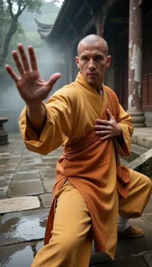 Professional photography, striking photorealism, ultra-detailed, an artistic and evocative cinematic aesthetic. A senior Shaolin monk with a shaved head is practicing Tai Chi Chuan in a secluded courtyard of an ancient, mist-shrouded Shaolin monastery. He wears a traditional, long, flowing saffron-yellow and orange Buddhist robe made of high-quality fabric that gently blows in the breeze. His martial arts posture is frozen in a precise Tai Chi stance, one hand is extended forward with an open, relaxed palm and perfectly formed fingers, while his other hand is held near his chest, palm facing downward, showing flawless skeletal hand anatomy and clear finger separation. His movements are fluid and perfectly controlled, embodying a deep sense of internal spatial awareness. The camera is equipped with an 85mm lens, capturing the sharp focus of the monk's hands and face with a shallow depth of field that softly blurs the background of weathered stone-paved ground and ancient columns. Warm, dramatic golden hour glow casting long shadows. Shot on 35mm film, realistic skin texture, film grain, optimal quality, tranquil harmony.