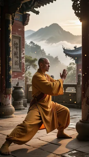 Professional photography, striking photorealism, ultra-detailed, an artistic and evocative cinematic aesthetic. A senior Shaolin monk with a shaved head and a serene, deeply focused expression is practicing Tai Chi Chuan in a secluded courtyard of an ancient, mist-shrouded Shaolin monastery atop a sacred mountain. He is wearing a traditional, long, flowing saffron-yellow and orange Buddhist robe, made of high-quality fabric that gently blows in the breeze and catches the warm, golden light of the early morning sun. His movements are fluid, flexible, and perfectly controlled, embodying a deep sense of internal martial arts focus and spiritual concentration. The camera is equipped with an 85mm lens, capturing the sharp focus of the monk with a shallow depth of field that softly blurs the background. The background features the timeless architecture of the monastery with weathered stone-paved ground, ornate wooden columns, ancient Chinese calligraphic plaques, and distant mountain peaks piercing through rolling sea of clouds. The atmosphere is peaceful, majestic, and sacred, filled with a sense of ancient stillness and quiet contemplation. The lighting is warm and soft, with a dramatic golden hour glow casting long shadows across the courtyard and illuminating the airborne dust motes and gentle mountain mist. Shot on 35mm film, realistic textile texture, visible fabric weave, film grain, optimal quality, tranquil harmony.